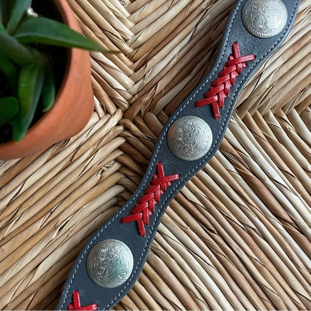 Dun Dee Vintage Grey and Red Leather Concho Belt